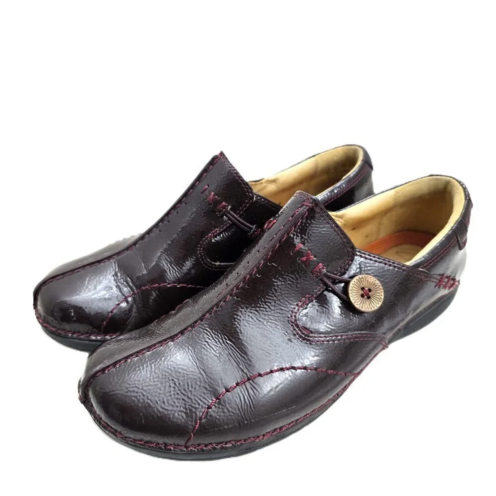 Clarks Artisan Un Loop Back Burgundy Red Patent Leather Comfort Slip on Shoes